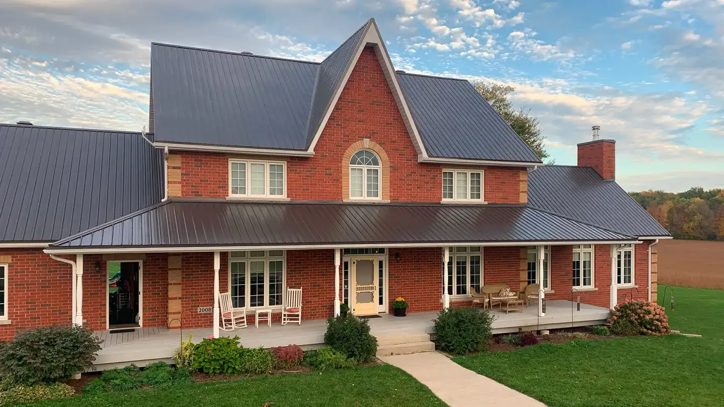 An installed steel tile metal roof