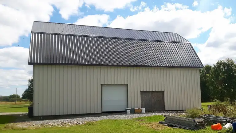 An installed steel tile metal roof